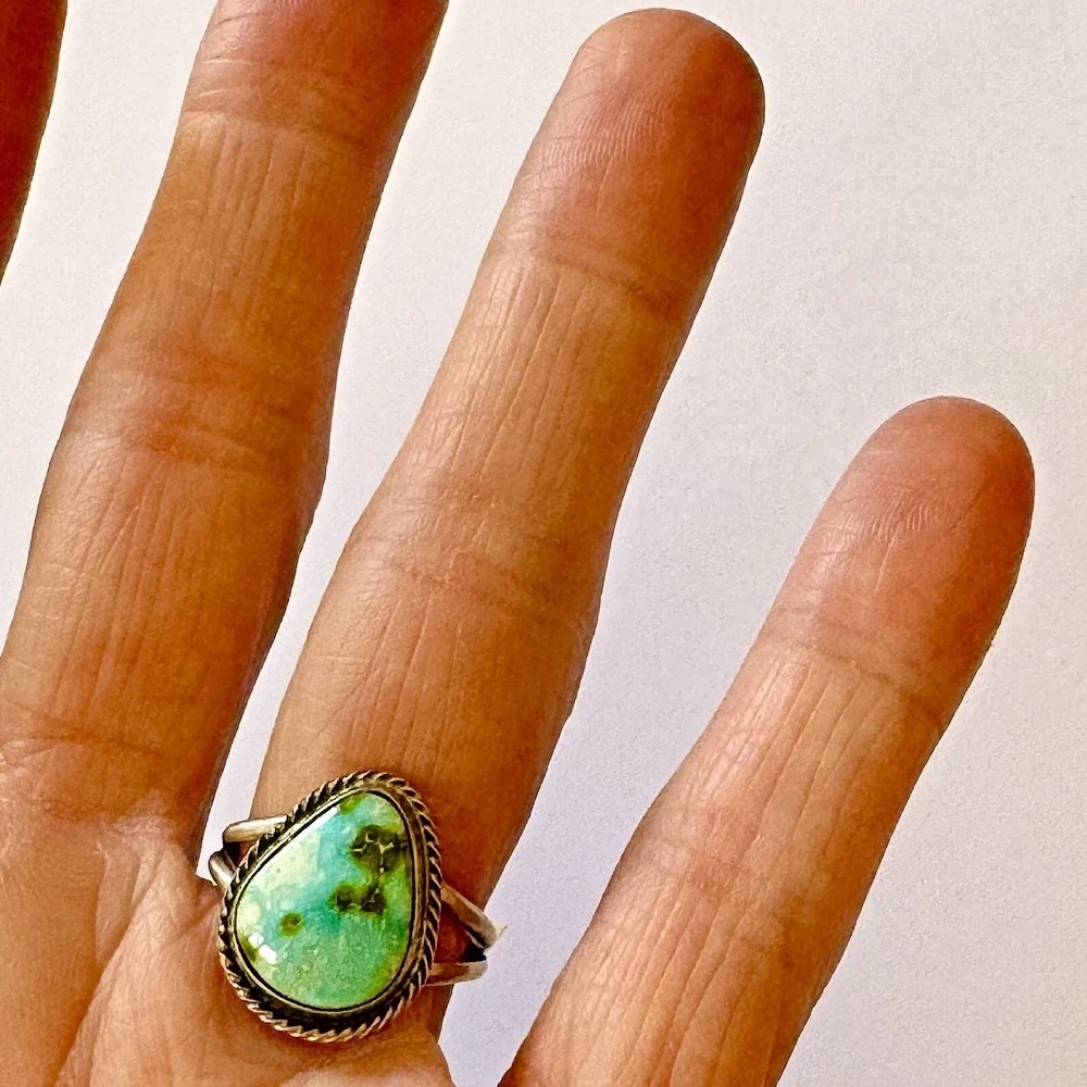 Navajo Sonoran Turquoise Ring Sz 7 Pear Shape‎ Signed Cooke Sterling